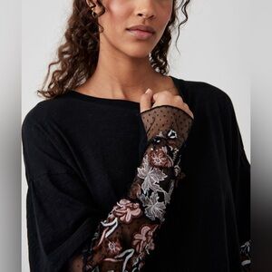 Free People Gardener Tee Embroidered Mesh Sleeve Cotton Black Size XS
